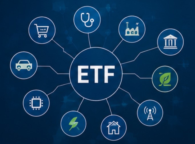 Illustration représentant les principaux avantages d'un ETF comme la diversification, les faibles frais et la simplicité d'investissement