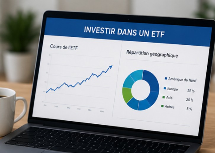 Investisseur consultant une plateforme de courtage en ligne pour acheter un ETF et suivre son portefeuille.