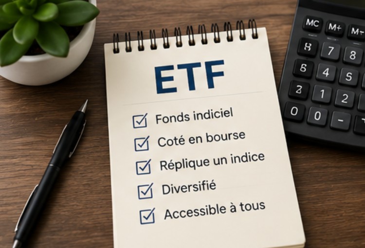 Bloc-notes présentant la définition d'un ETF à côté d'une calculatrice et de documents financiers.