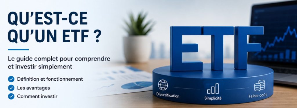 Illustration expliquant le fonctionnement d'un ETF avec un graphique financier, un ordinateur et des documents d'investissement.