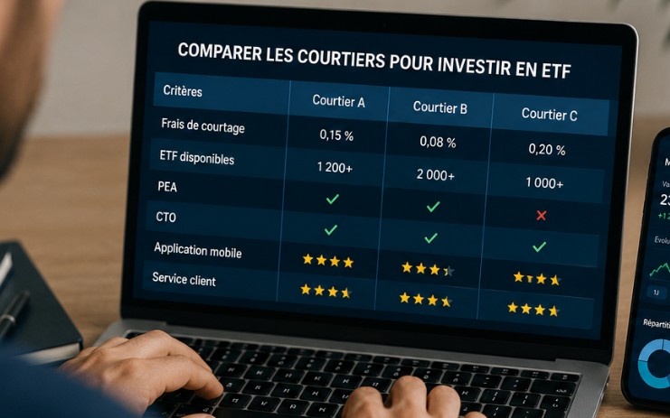 Investisseur comparant plusieurs courtiers en ligne pour investir en ETF sur le long terme.