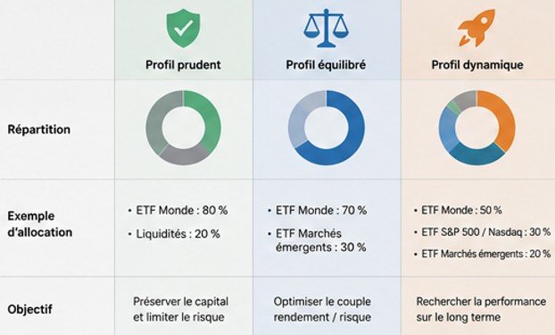 Schéma présentant différents exemples de portefeuilles ETF selon le profil de risque.
