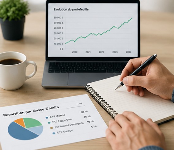 Investisseur analysant l'évolution de son portefeuille ETF sur le long terme.