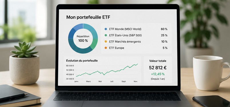 Investisseur créant un portefeuille ETF diversifié sur son ordinateur.